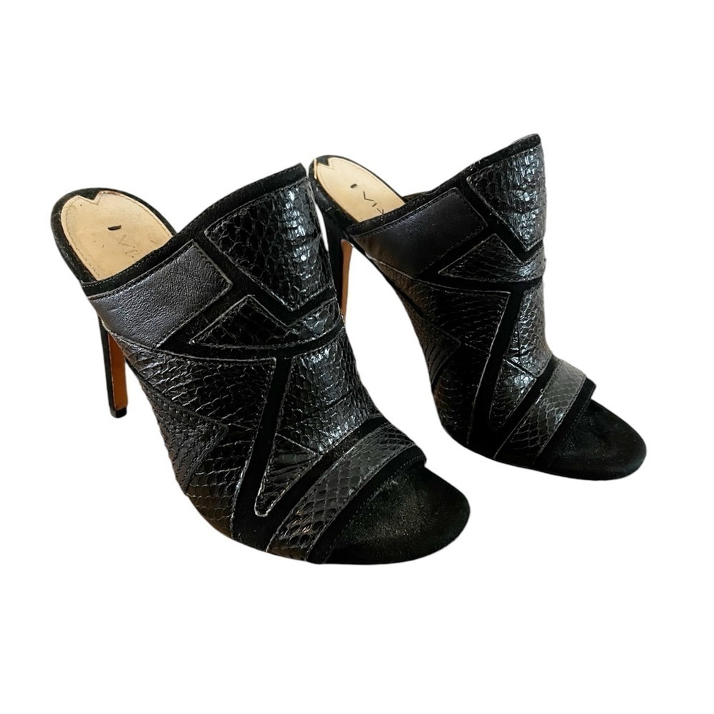Via Spiga Sandals Snake Print Black Open Toe Slip On Heels Women's Shoes Size 6